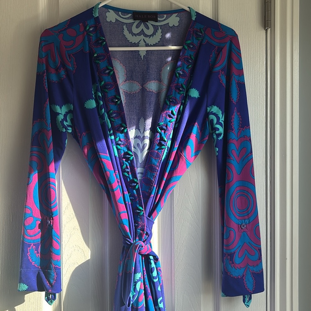 Hale Bob Wrap Dress with Beaded Neckline